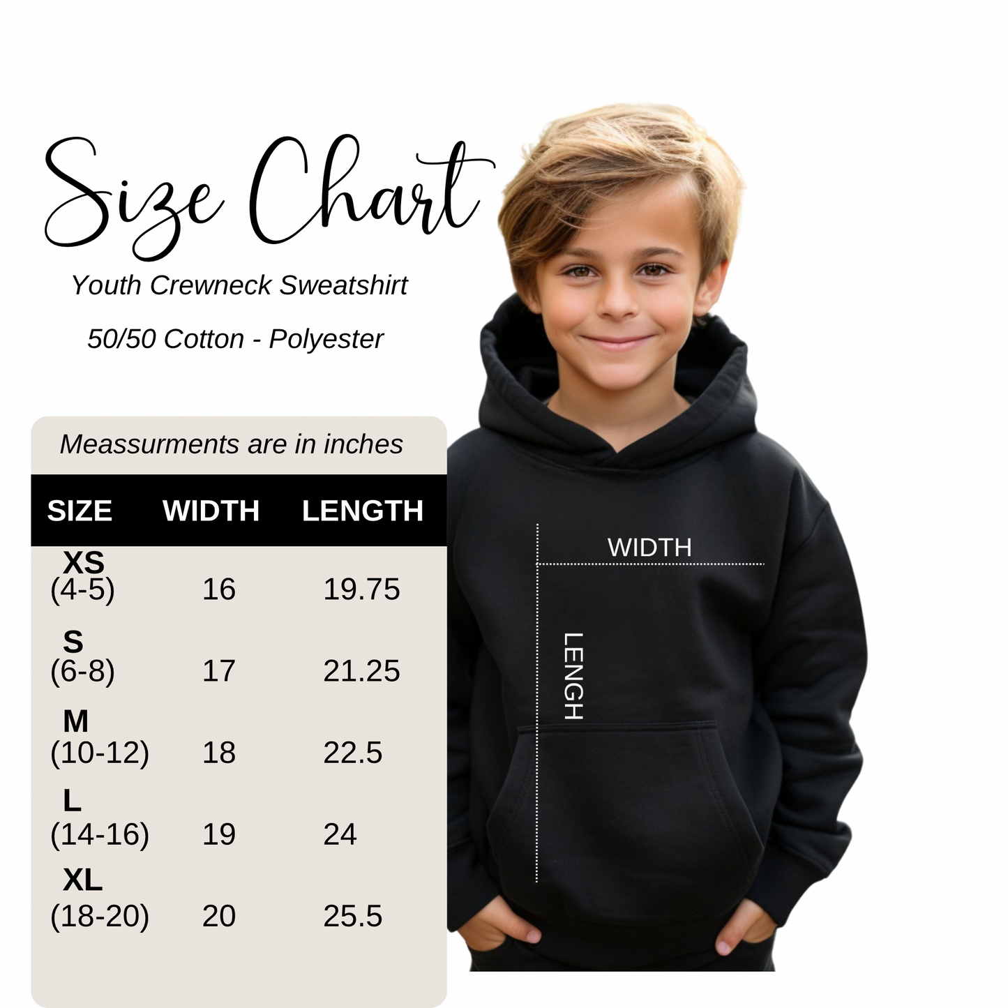 Size chart hoodie for God is Love Kids Crewneck