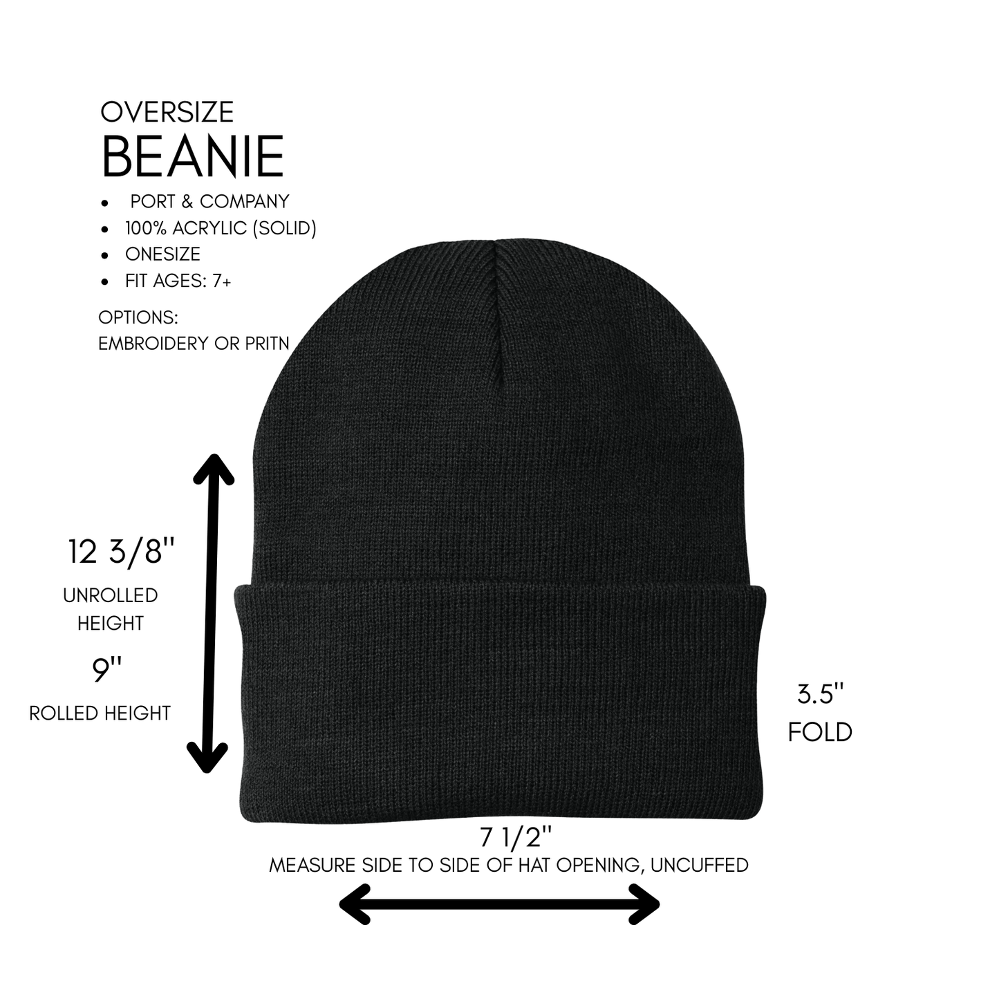 Black beanie with measurement details on a white background/ adults and youth
