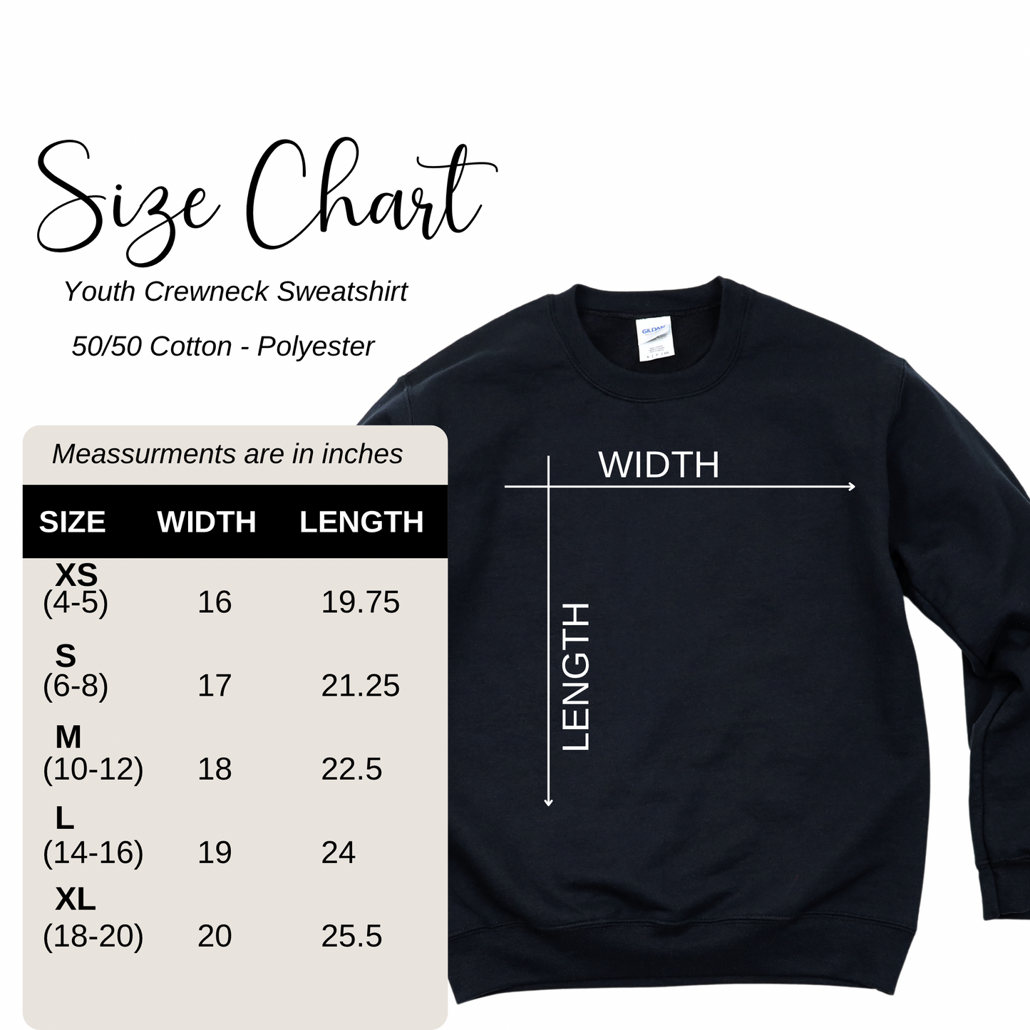 size chart God is Love Kids Crewneck