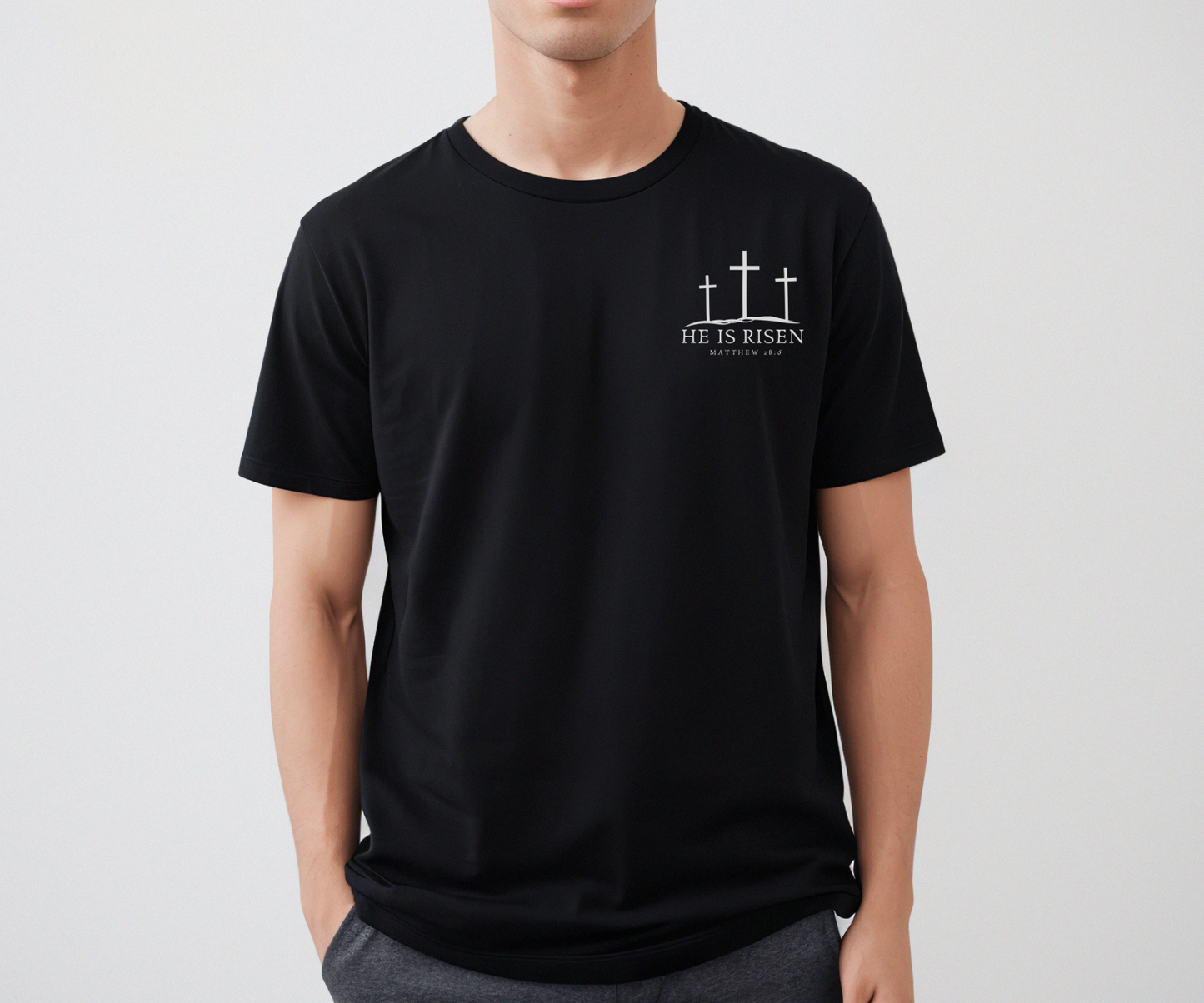 "He Is Risen christian shirt for men, screen printed design.