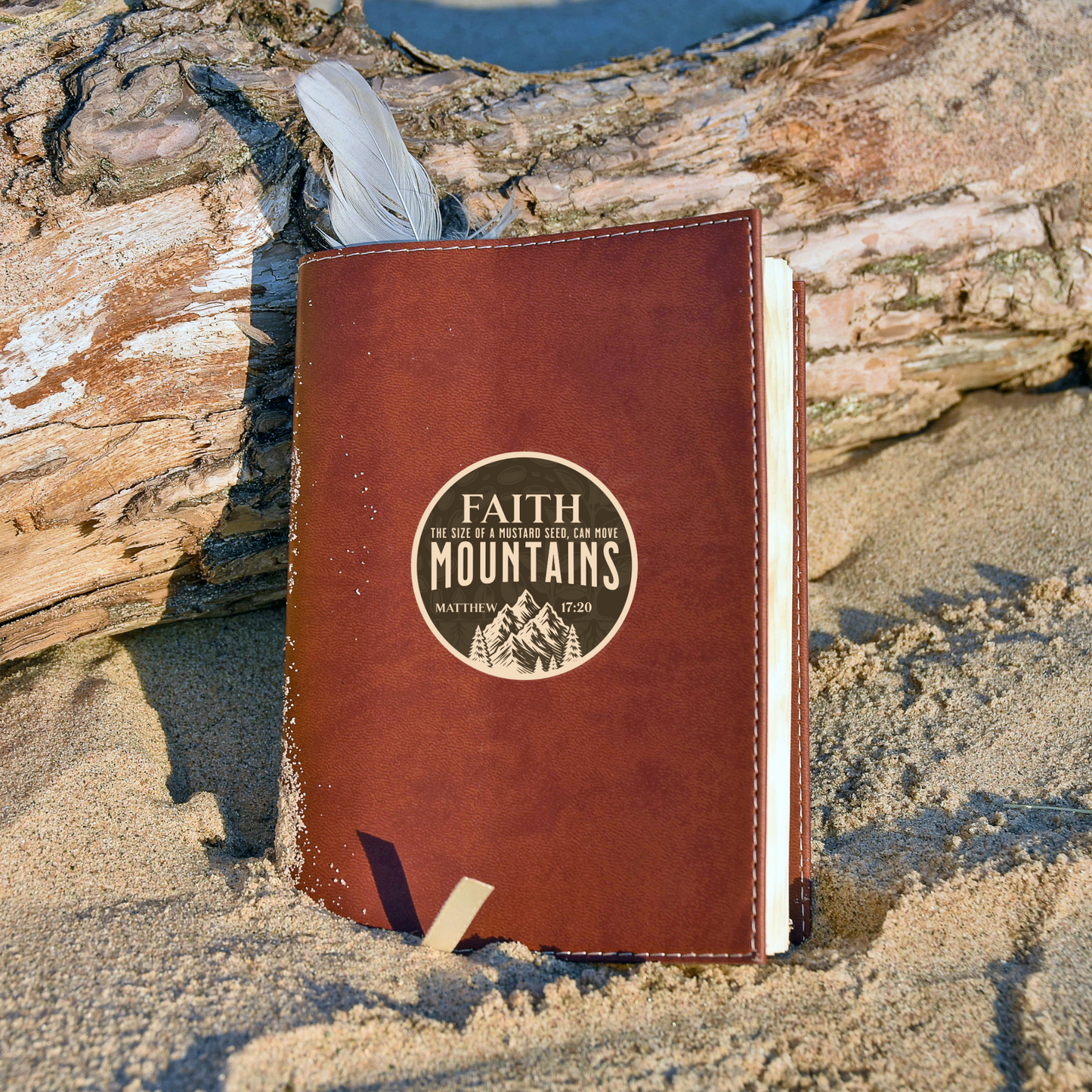 Faith-based waterproof vinyl sticker with motivational message and mountain desig