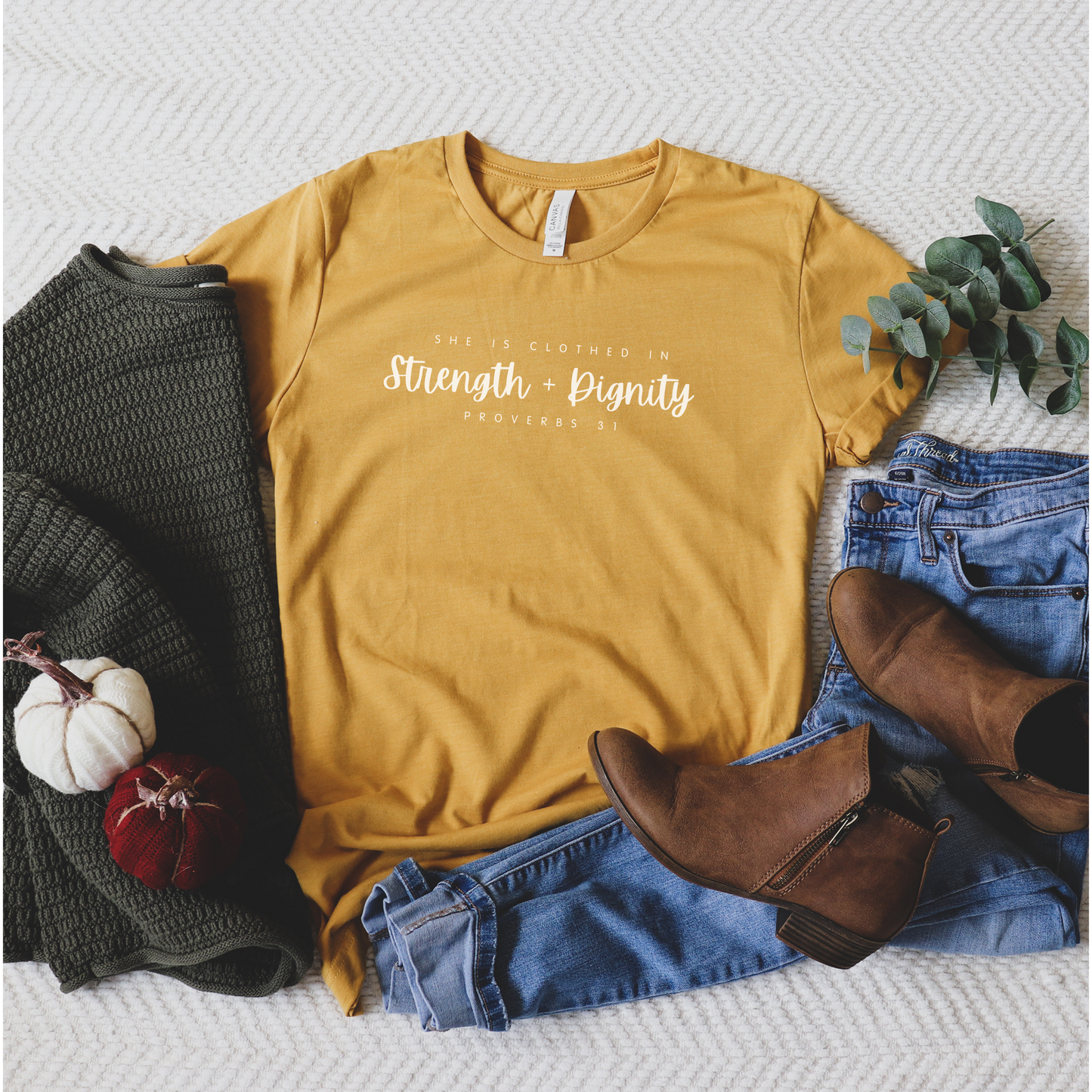 proverbs 31 shirt - Christian T-shirt for Women in Heather Mustard.