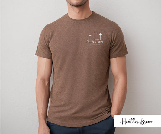 Man wearing a Heather Brown He is Risen Shirt for Men with three cross graphic