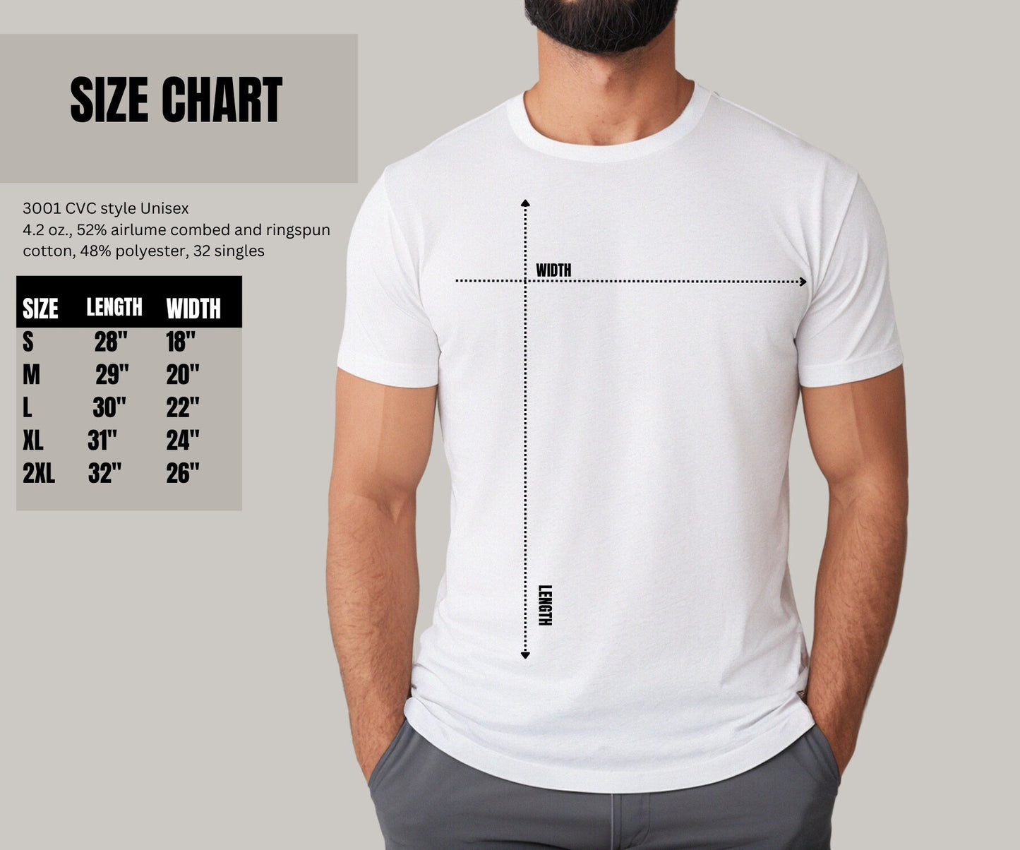 He is Risen Men’s Shirt in Bella Canvas brand with sleeve, length, and width measurements from size S to XL