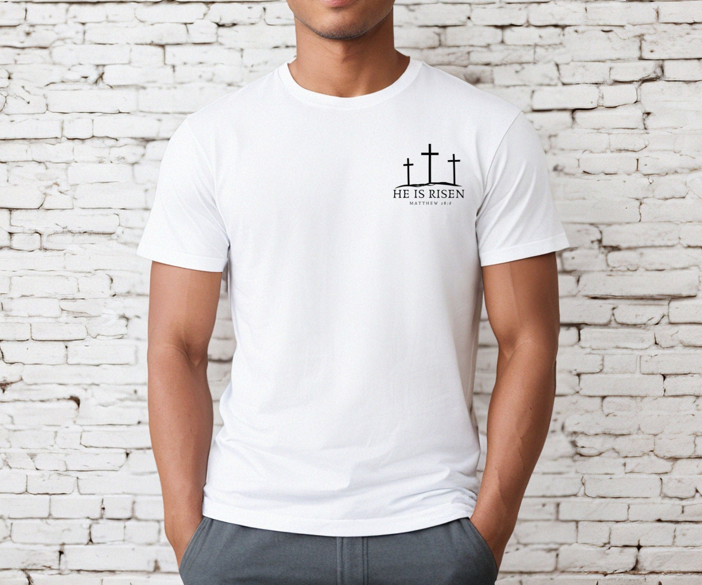 Christian Easter men’s shirt – He is Risen Matthew 28:6 design with crosses on chest