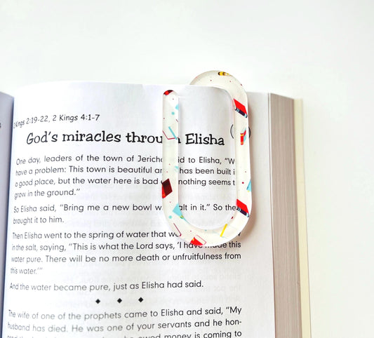 Glossy acrylic bookmark for Bible or planner, shaped like a paperclip