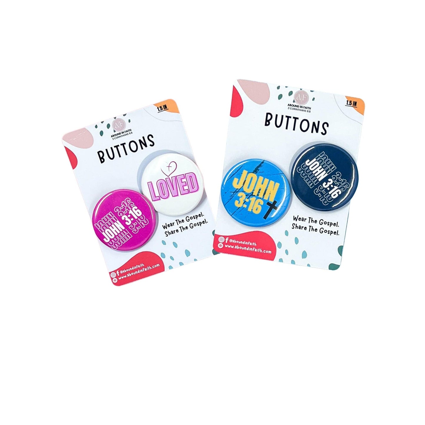 Christian John 3:16 Buttons in pink, blue, and navy on display cards labeled “Wear the Gospel. Share the Gospel.”