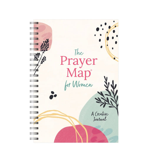 Spiral-bound Christian prayer journal titled The Prayer Map for Women with abstract floral cover design, labeled A Creative Journal
