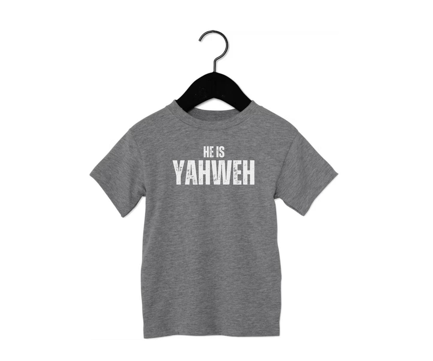 Two joyful kids wearing matching dark grey Christian t-shirts with “He Is YAHWEH” text – perfect faith-based apparel for siblings or family outfits