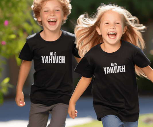 Two smiling kids wearing He Is Yahweh Christian faith t-shirts outdoors