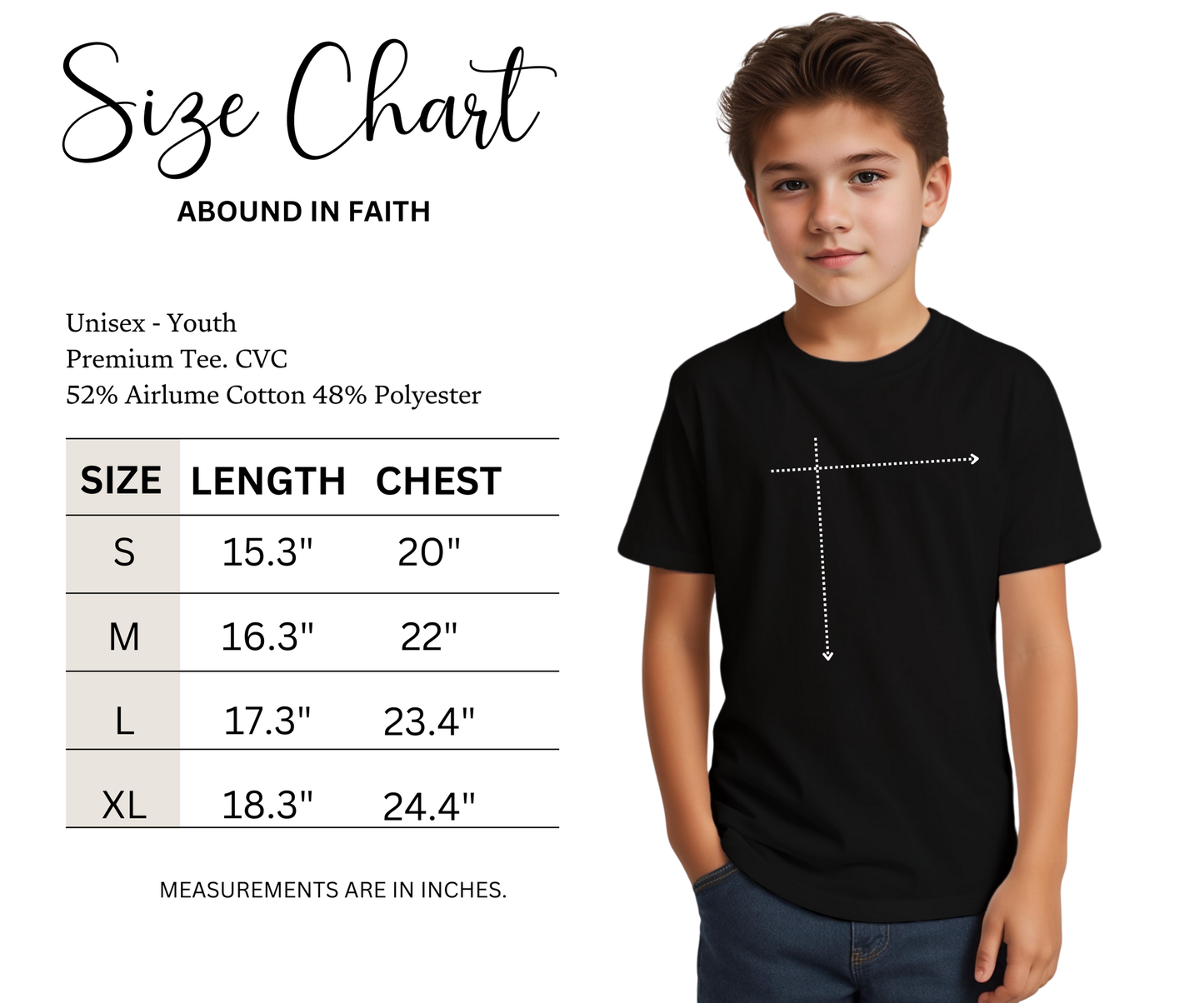 A boy wearing a black shirt form Bella canvas showing a size chart measurements in inches