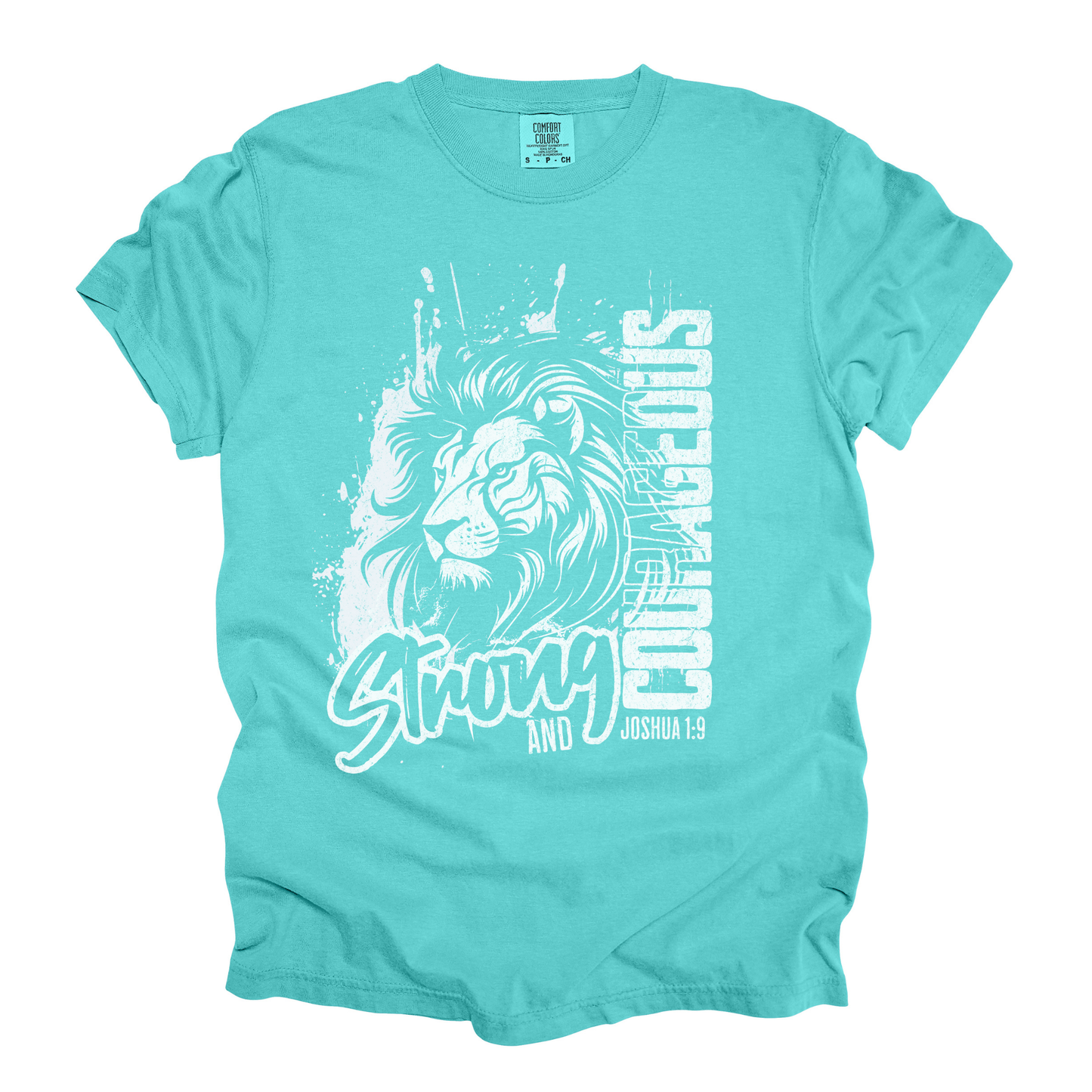 Joshua 1:9 Kids Shirt with lion graphic and Strong and Courageous design based on Joshua 1:9, in Lagoon Blue Summer Color