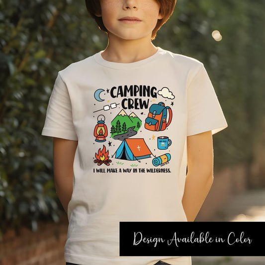 Child wearing a white Camping Crew Christian Shirt for Kids with colorful Camping Crew design featuring a tent, trees, and verse that reads I will make a way in the wilderness