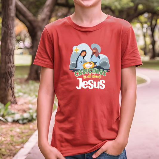 Christmas Is All About Jesus kids t-shirt with nativity scene