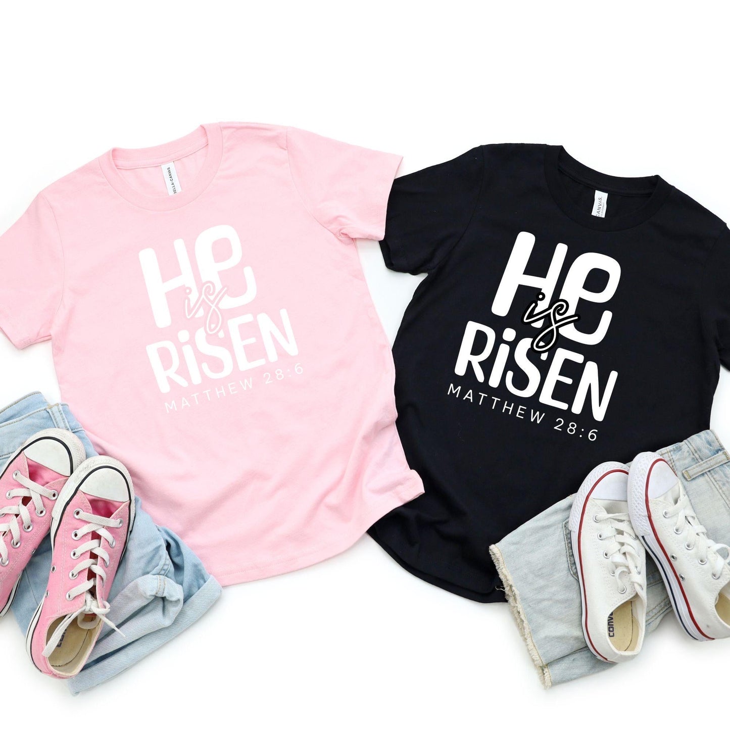 He Is Risen Matthew 28:6 Bible Verse Kids Easter T-Shirt in pink and white – Christian Boys Shirt for Resurrection Sunday