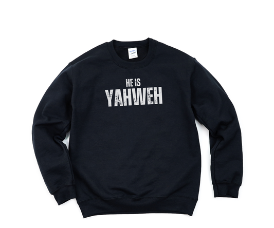 Kids black Christian Crewneck with bold white "He Is Yahweh" text – youth crewneck faith-based sweatshirt ideal for church, gifts, and everyday wear