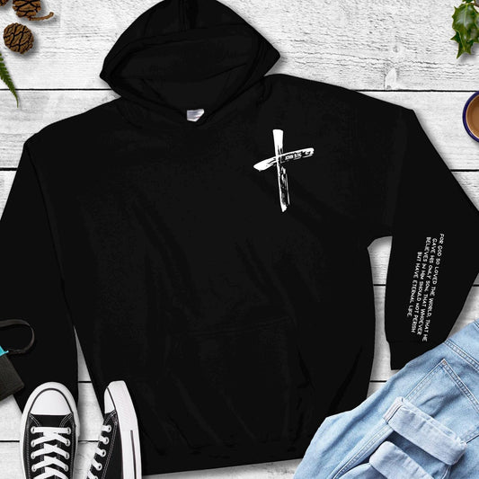 Black kids sweatshirt featuring a white cross design on the chest and John 3:16 scripture printed on the sleeve.