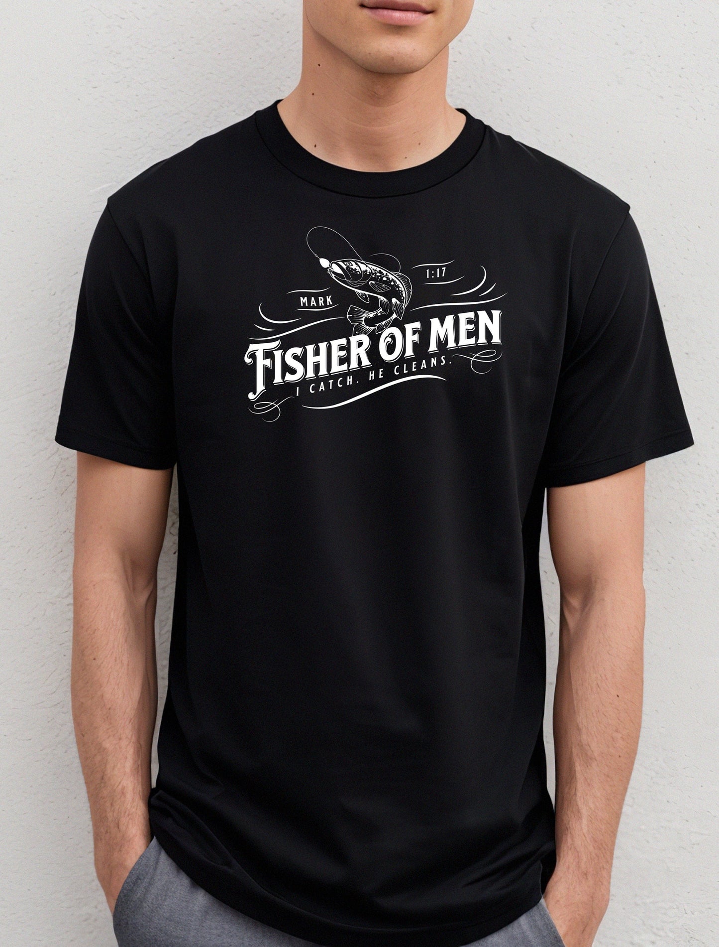 Fisher of Men t-shirt for men with Mark 1:17 message and fishing hook design in black shirt white text