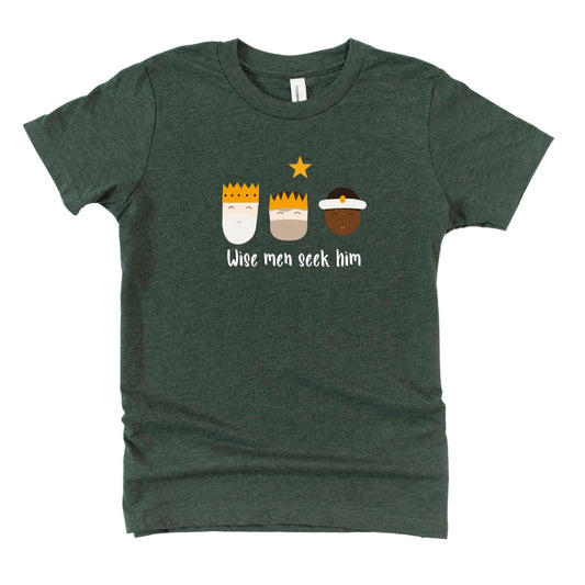 Forest green kids Christmas t-shirt featuring three wise men and the phrase ‘Wise men seek Him’ – Christian holiday design by Abound in Faith