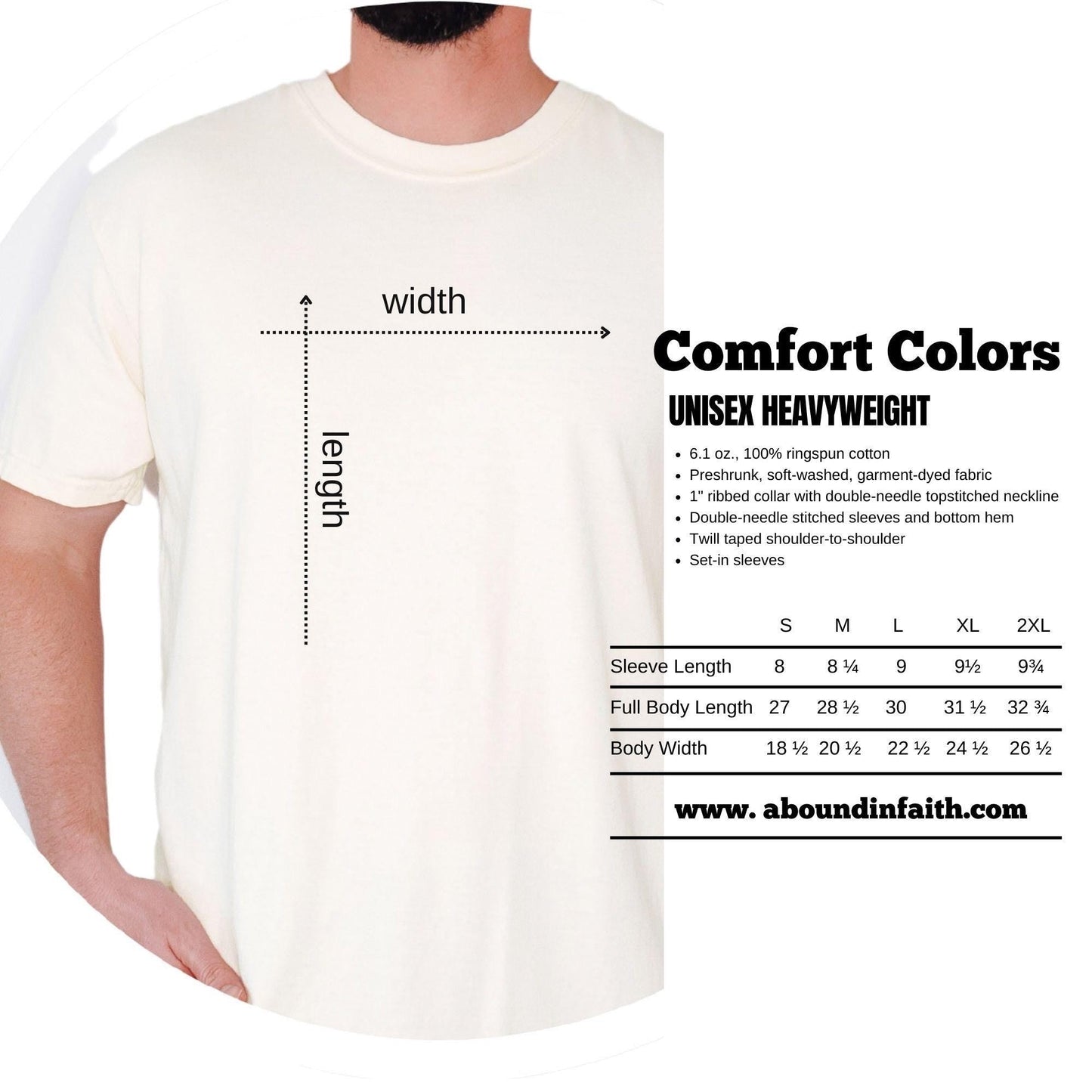 Comfort Colors size chart for unisex heavyweight Christian t-shirts by Abound in Faith, includes measurements for small to 2XL