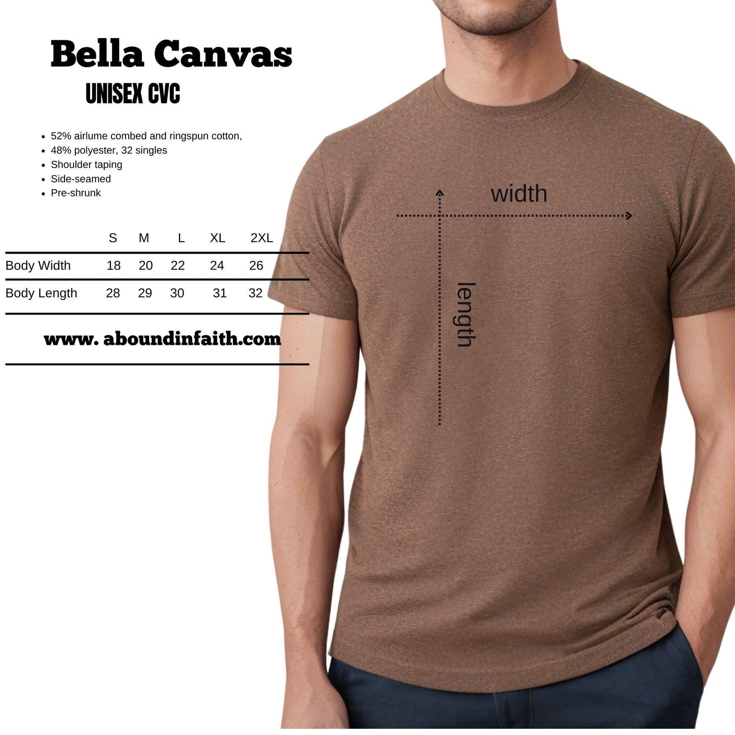 Bella Canvas size chart for unisex heavyweight Christian t-shirts by Abound in Faith, includes measurements for small to 2XL
