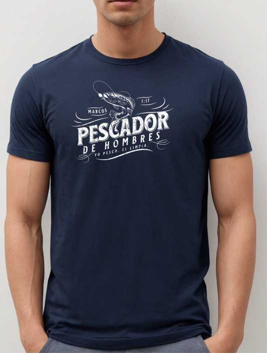 Camiseta cristiana azul marino para hombre con diseño "Pescador de Hombres" – Marcos 1:17 – ideal para evangelismo y regalos de fe