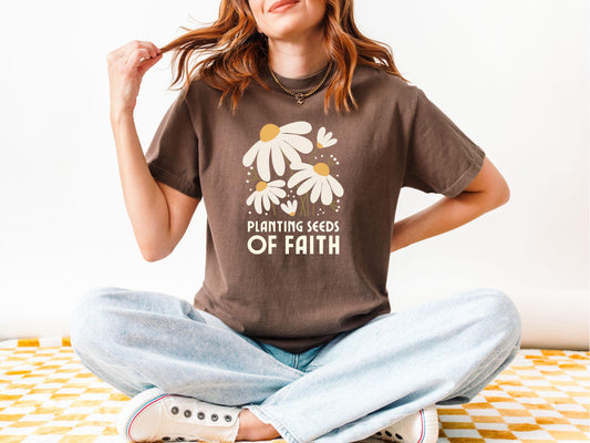 Comfort Colors women’s faith tee with daisies and Christian message