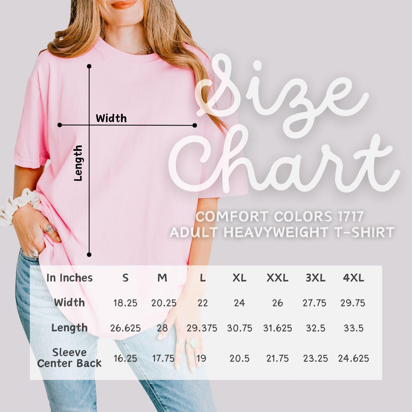 Unisex size chart for Christian women t-shirts in Comfort Colors brand with sleeve, length, and width measurements from size S to XL