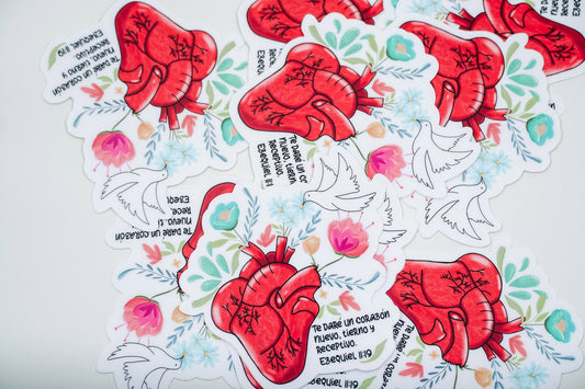 Biblical waterproof sticker in Spanish featuring a red anatomical heart, flowers, dove, and Ezekiel 11:19 verse about a new heart.