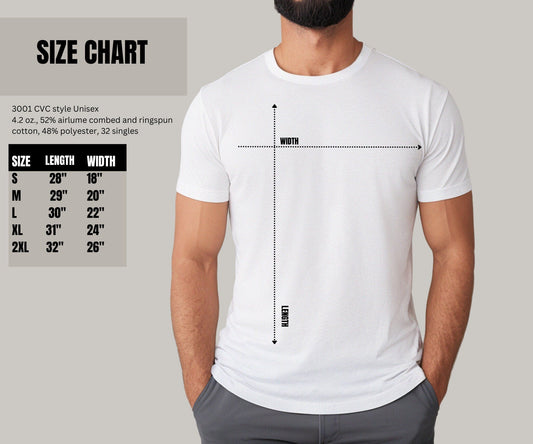 Unisex men’s shirt size chart showing length and width measurements for sizes S to 2XL with CVC 3001 shirt fit guide.