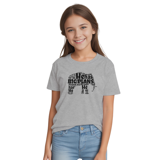 Christian Bible verse shirt for boys and girls with Jeremiah 29:11- girl wearing a grey shirt