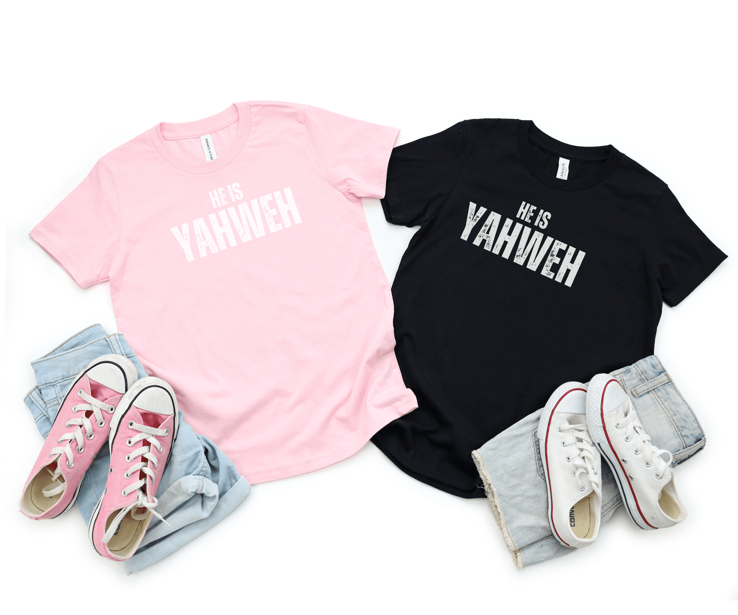 He Is Yahweh Kids Shirt – Christian Faith Tee matching black and pink with “He Is YAHWEH” text – perfect faith-based apparel for siblings or family outfits