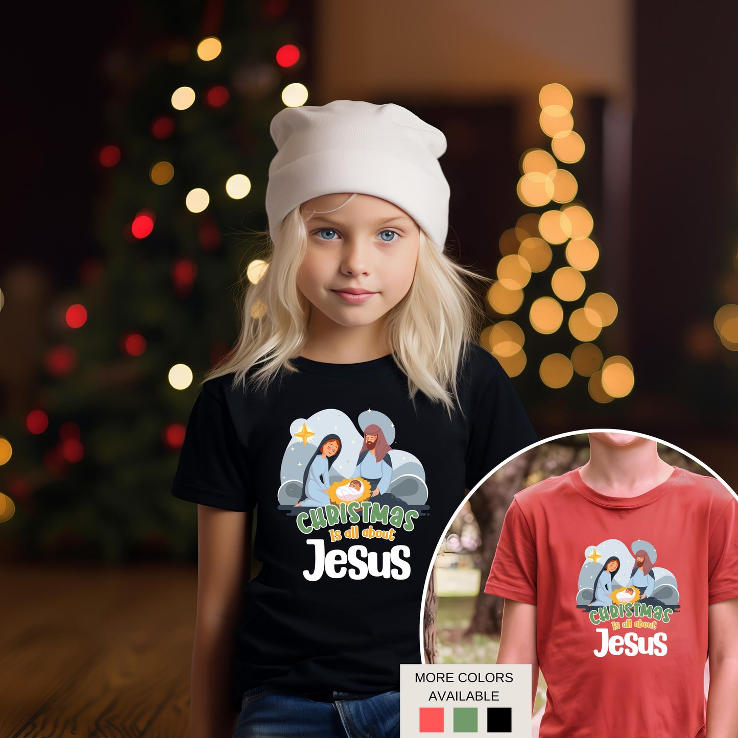 Christmas is al about Jesus t shirt in Black and Heather Red.