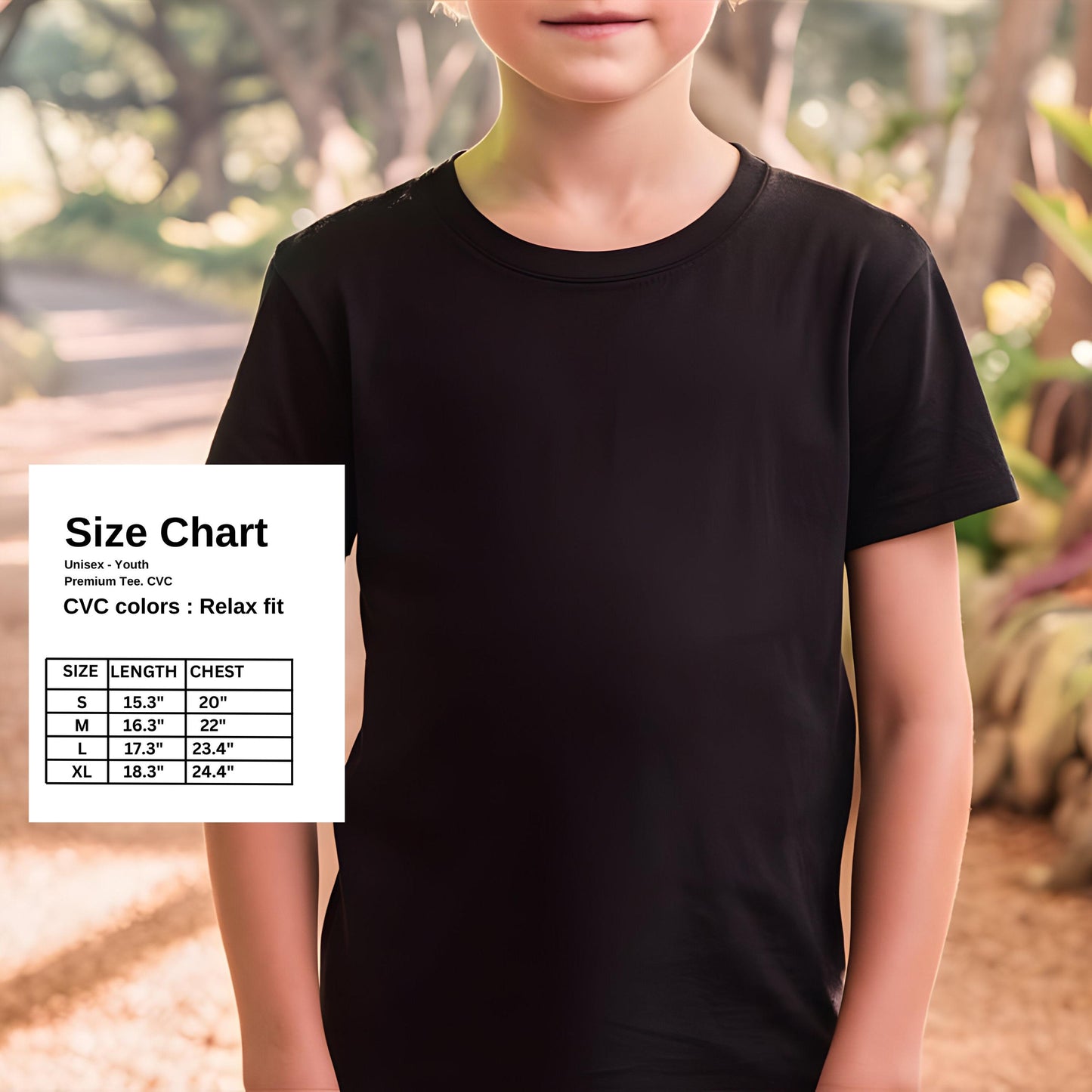 Close-up of Christmas Is All About Jesus Kids Shirt with festive Christian design Size Chart