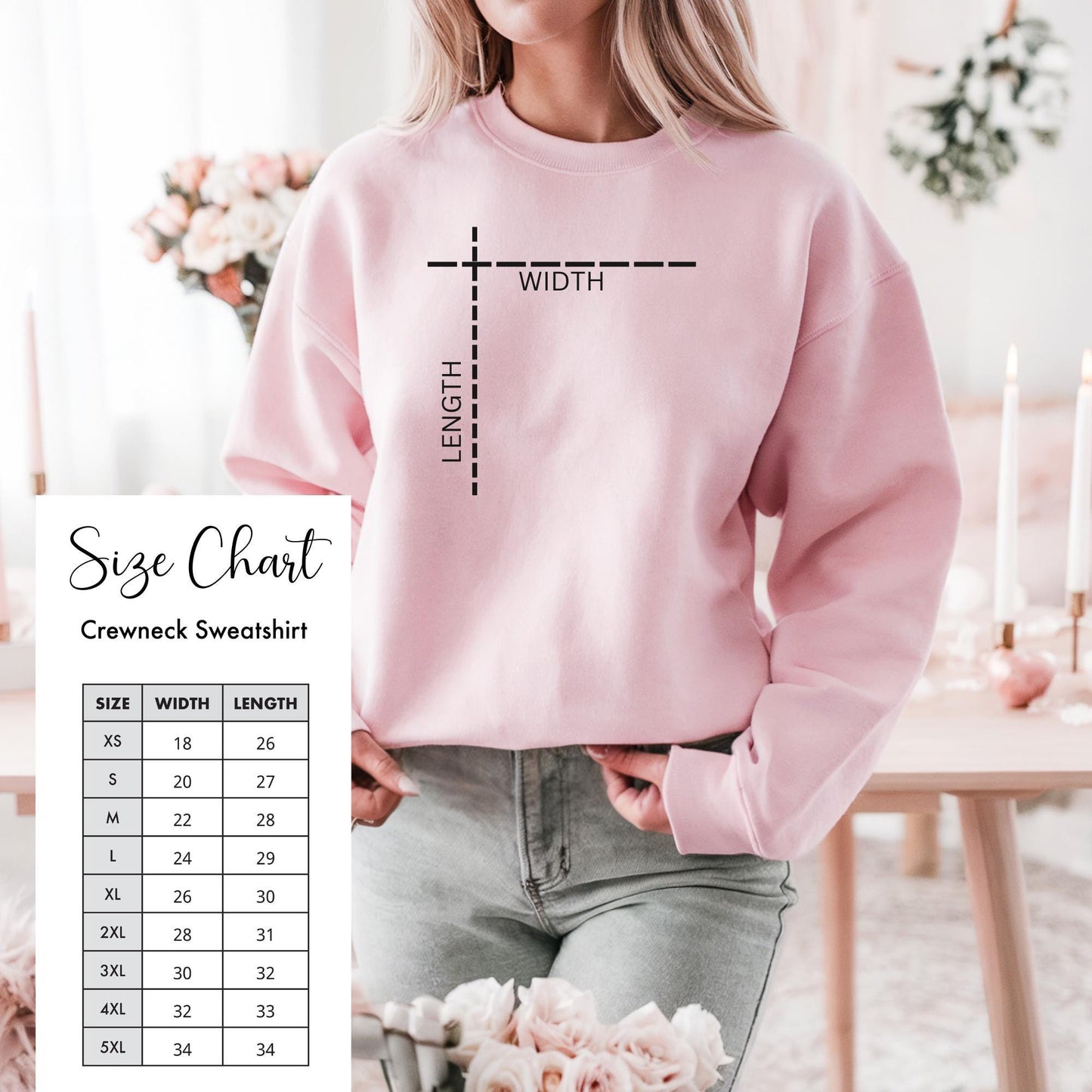 Gildan Sweatshirt Light Pink Love is ….. Size Chart