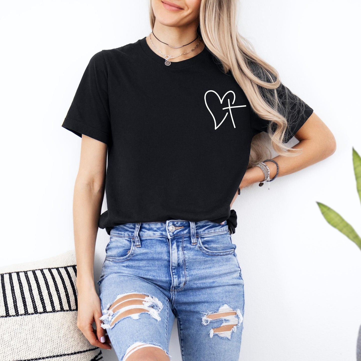Celebrate Valentine's Day with our Heart and Cross Sweatshirt – a perfect blend of love and faith. Black T shirt