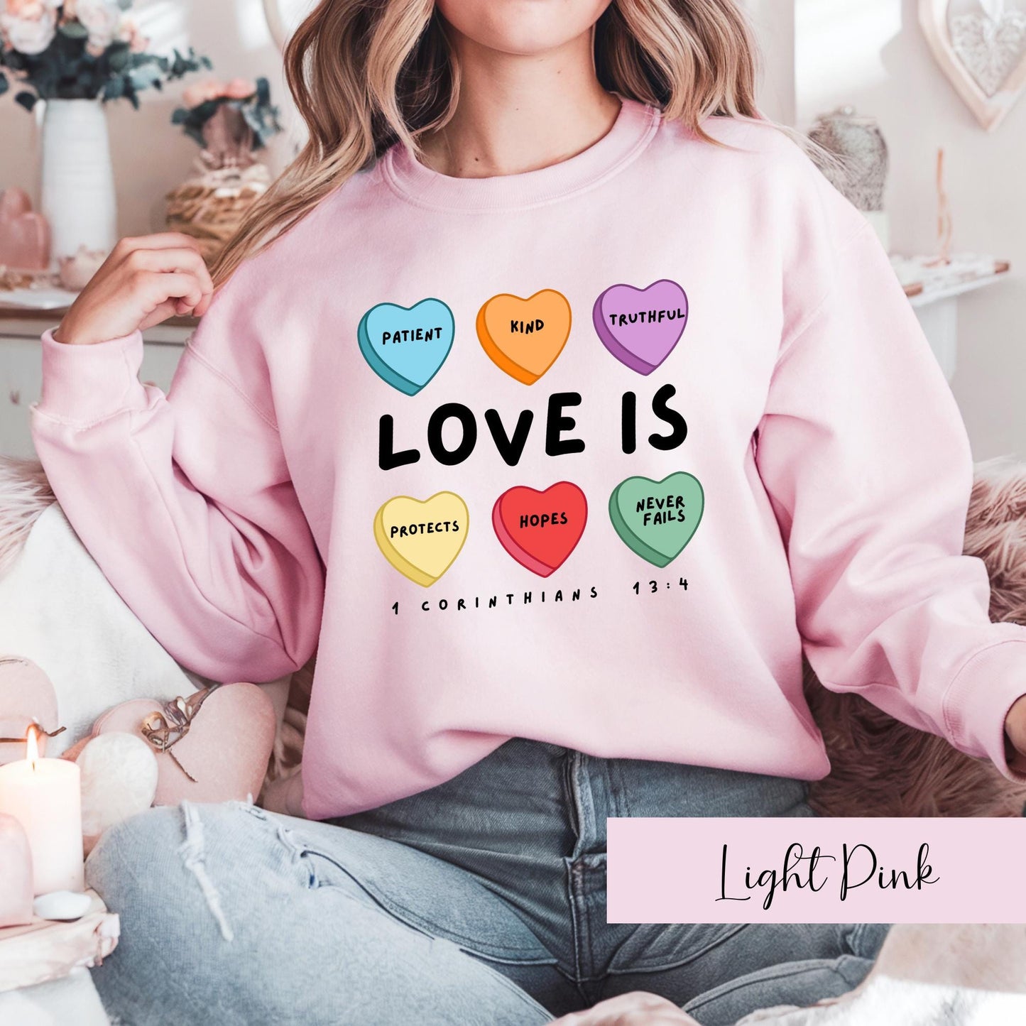 Candy Heart Sweatshirt 1 Corinthians 13 light pink
