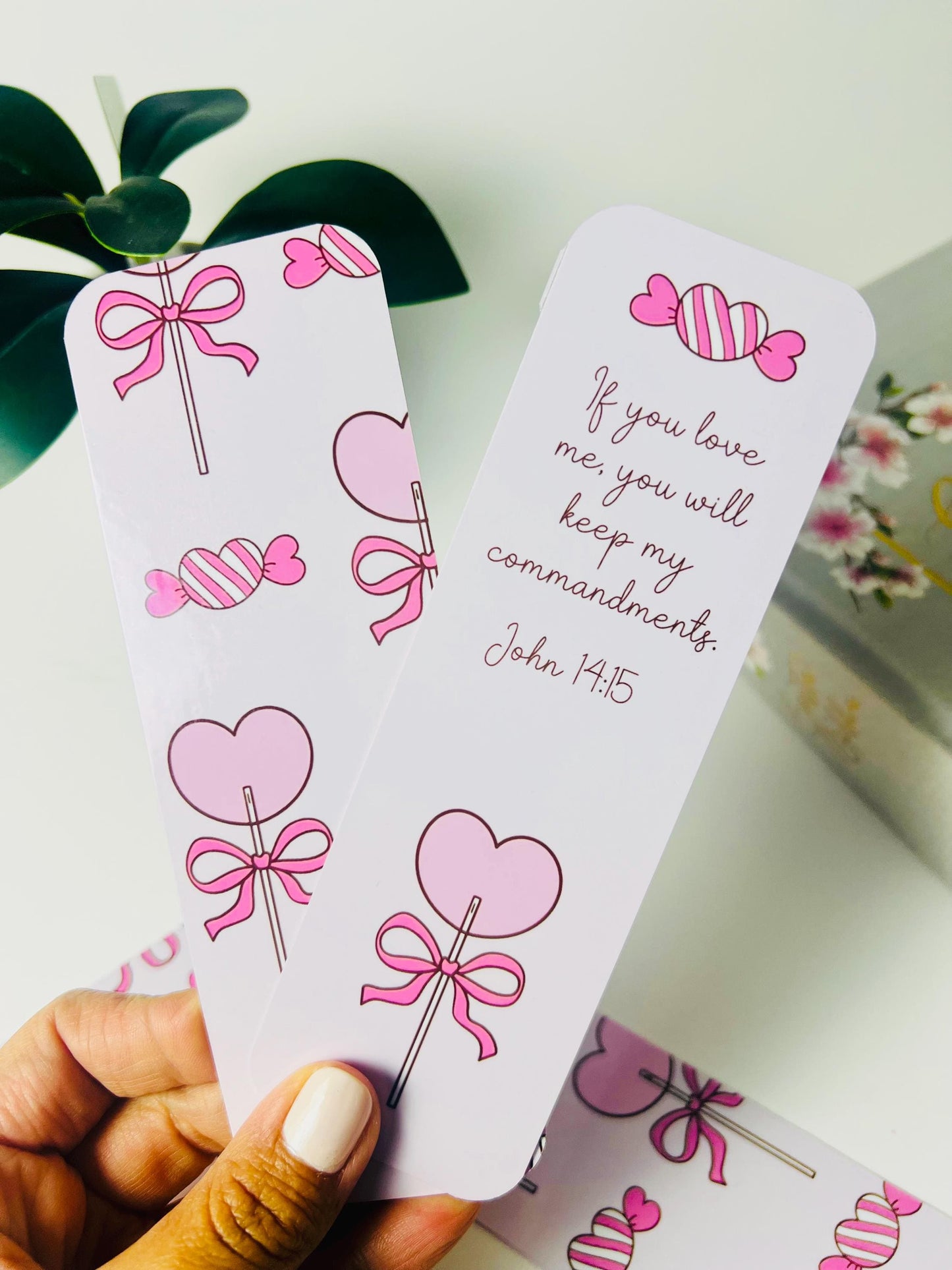 Love Bookmarks | Cherry and Bows, Hearts and Lollipop | Christian Bookmark Set | John 3 16, 1 Corinthians 13 13 | Book Lover Gift