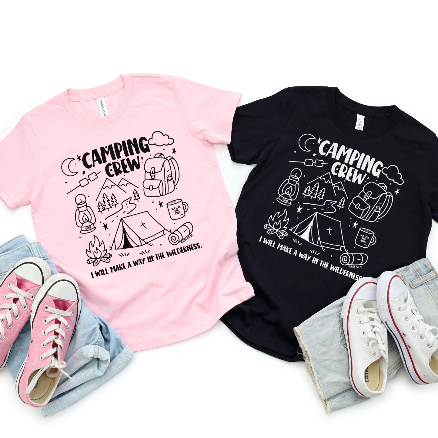 Camping Crew Doodle Shirt for Kids – Christian T-Shirt with Hand-Drawn Camping Illustration