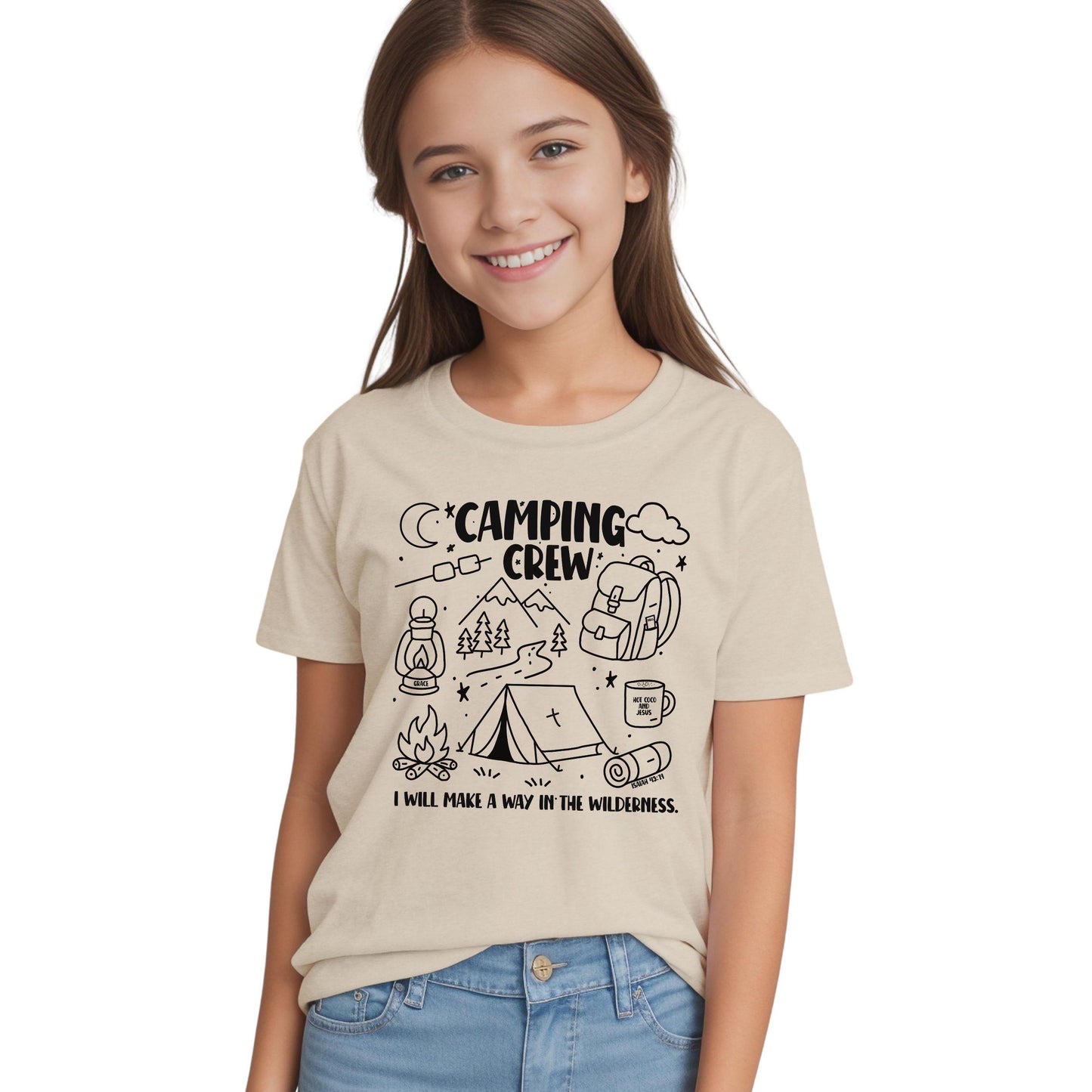 Camping Crew Doodle Shirt for Kids – Christian T-Shirt with Hand-Drawn Camping Illustration