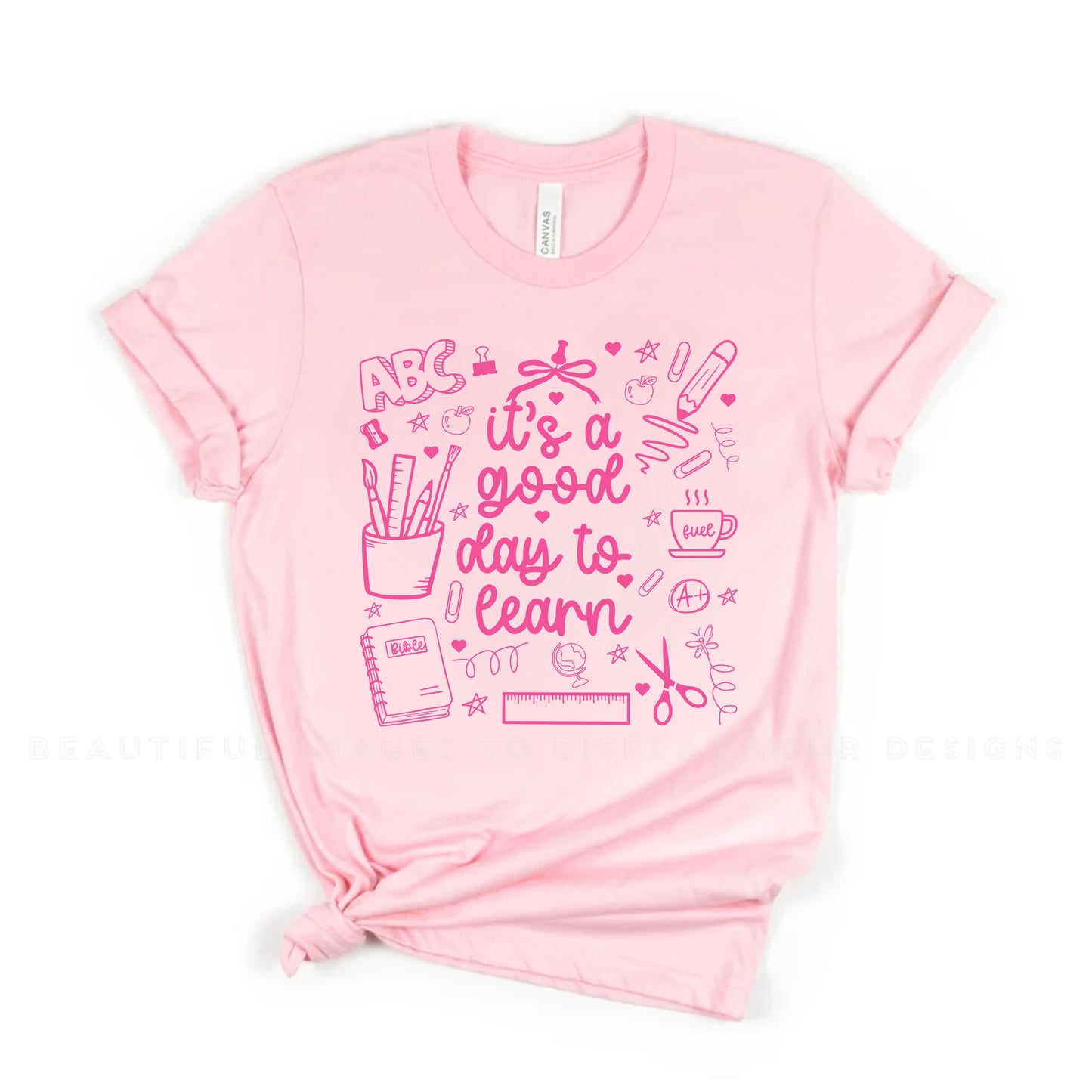 Pink t-shirt with pink text and graphics on a white background