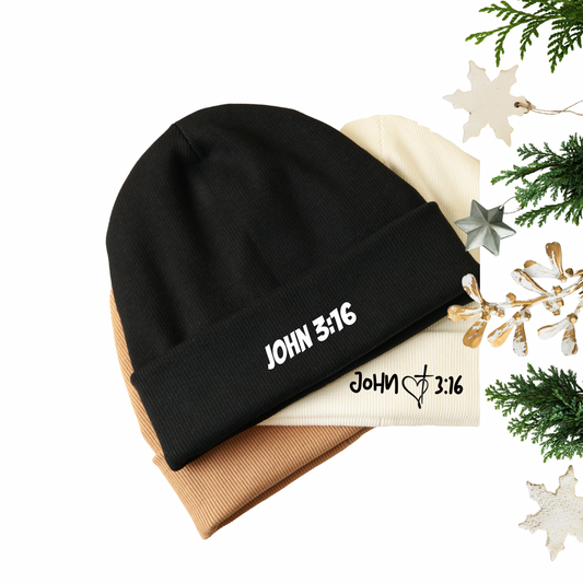 Black beanie with 'JOHN 3:16' text on a white background with decorative elements.