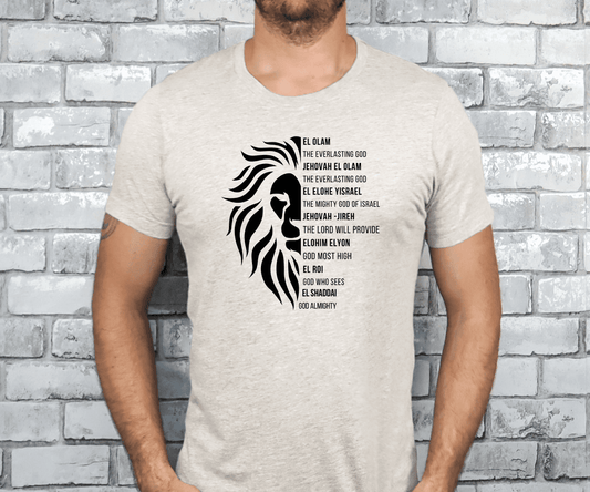 Biblical names of God listed on Christian men’s t-shirt in bold f