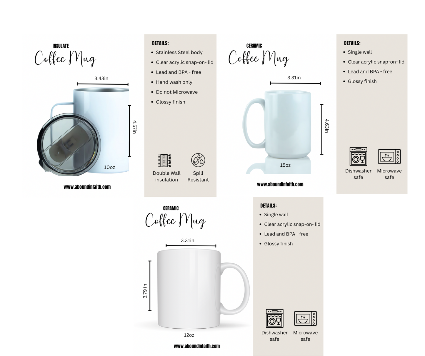 Product details of a ceramic coffee mug with dimensions and safety information.