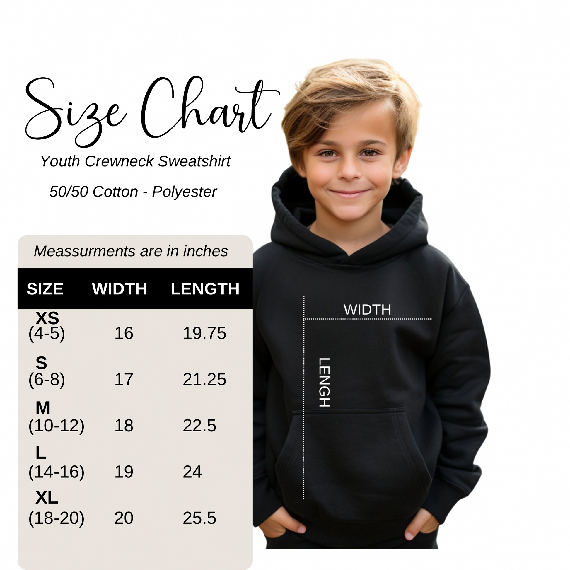 John 3:16  Back Cross Kids Hoodie size chart