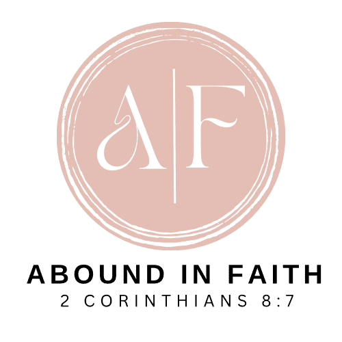 Abound in Faith LLC logo, distress circle with pink baackground with letters A and F. . 2 corinthians 8:7 www.aboundinfaith.com