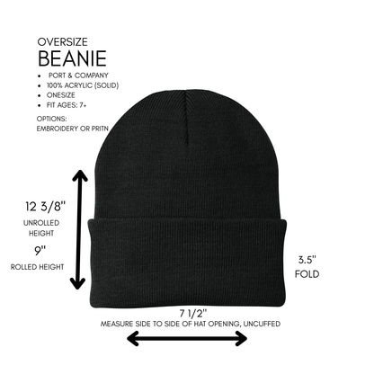 Black beanie with measurement details on a white background/ adults and youth