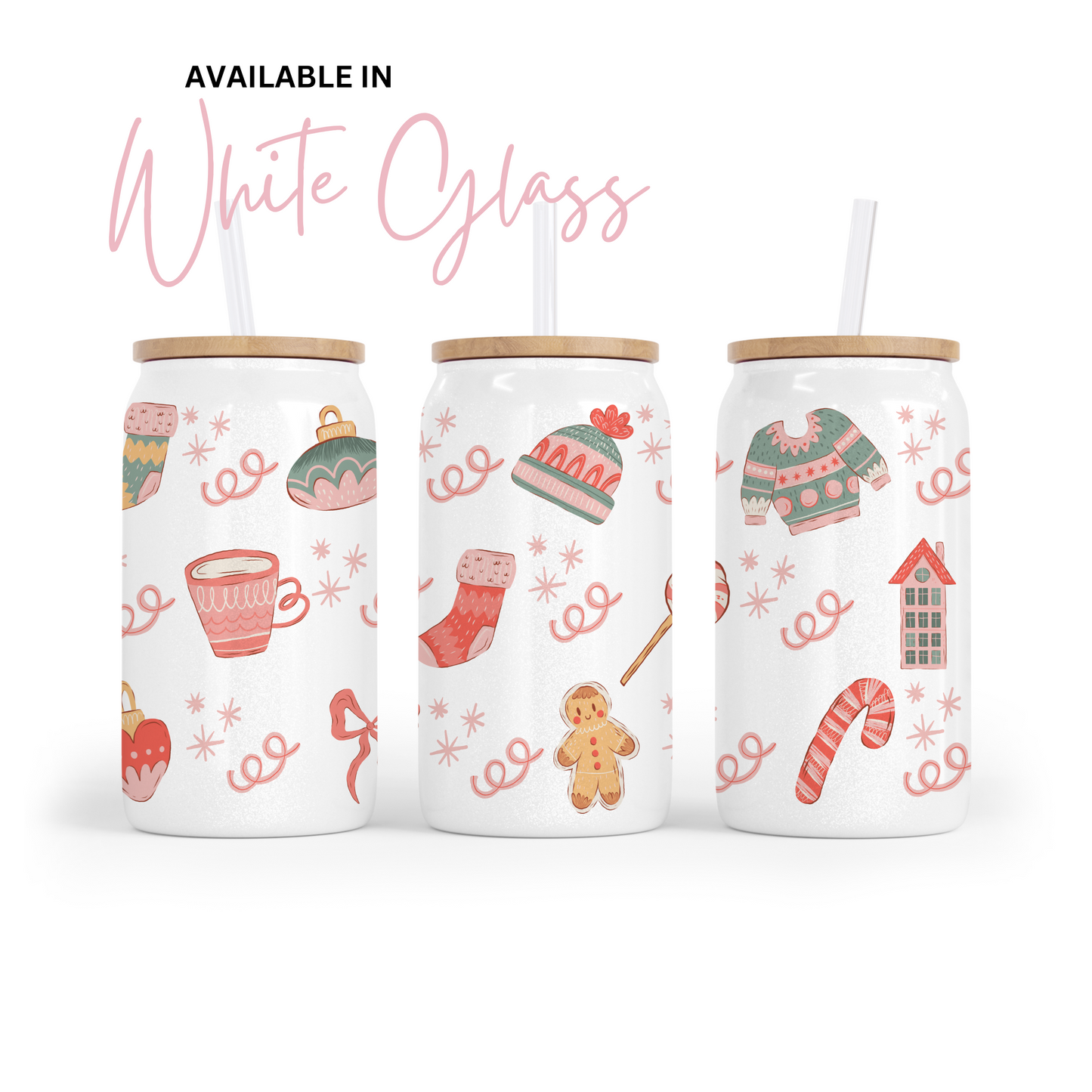 Sip in holiday style with our 16oz Christmas Glass Cup –White Glass