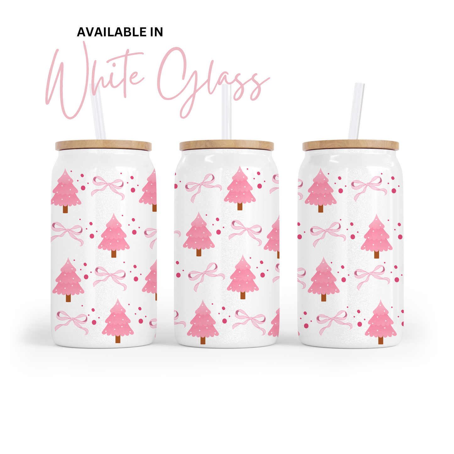 Sip in style this holiday season! Our 16oz Libby cup with a pink Christmas tree and bows in frosted glass is the perfect festive touch.