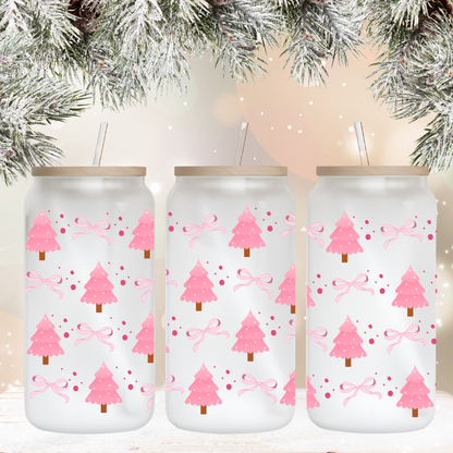 Sip in style this holiday season! Our 16oz Libby cup with a pink Christmas tree and bows in frosted glass is the perfect festive touch.